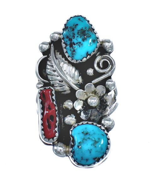 Navajo Turquoise and Coral Multistone Ring Size 8-3/4 KX121337